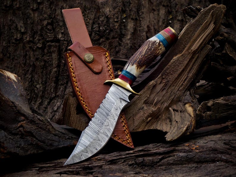 10 inch Handmade Damascus Stag Antler Handle Knife W Sheath, Knife handle color shape could be different then pics, Valentines Gifts for Him image 5