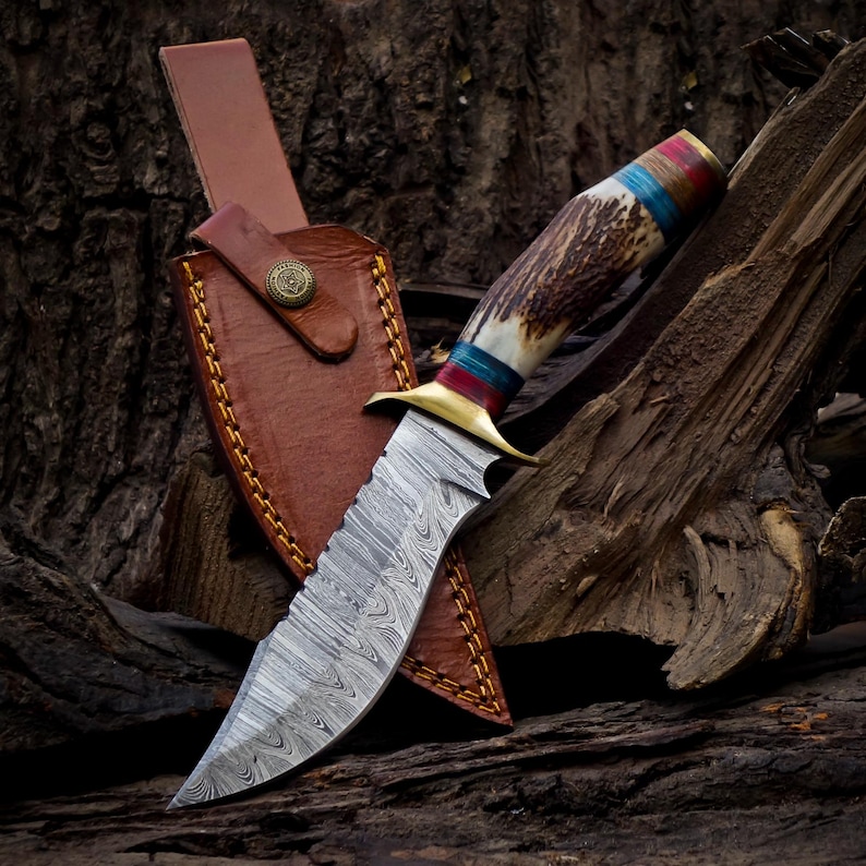 10 inch Handmade Damascus Stag Antler Handle Knife W Sheath, Knife handle color shape could be different then pics, Valentines Gifts for Him image 10