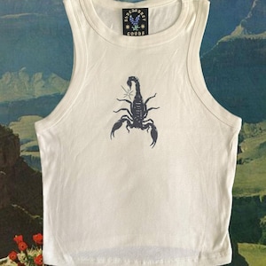 Puede incluir: Camiseta sin mangas color crema con un gráfico de escorpión negro. La camiseta tiene cuello redondo y diseño sin mangas. La etiqueta dice "Blue Bonnet Goods". El fondo presenta un paisaje desértico con flores rojas y cactus.