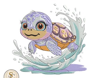 May include: A cartoon turtle with a light purple shell and body, orange eyes, and a yellow beak is depicted swimming in water. The turtle is surrounded by a splash of water in shades of blue and purple. The image has the text "Stitchy Clicks" in a circular logo.