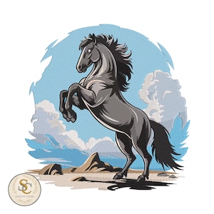 May include: A detailed illustration of a rearing black horse against a blue sky with clouds and a desert landscape. The horse is the central focus, with a flowing mane and tail. The image has a vintage, embroidered style.