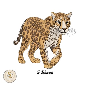 May include: A detailed illustration of a walking jaguar with a tan coat and dark brown spots. The image includes the text "5 Sizes" and a logo. The jaguar is depicted with realistic features and a white background.