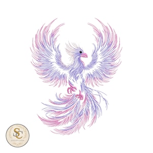 May include: An embroidered phoenix design in purple and pink hues, with detailed feather stitching. The bird is depicted with its wings spread wide. A small logo is visible in the lower left corner of the image.