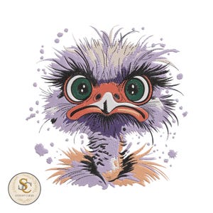 May include: An embroidered design of an ostrich head with large green eyes, a red beak, and purple and orange feathers. The design has a cartoonish style and is set against a white background. The logo "Stitchy Clicks" is in the lower left corner.