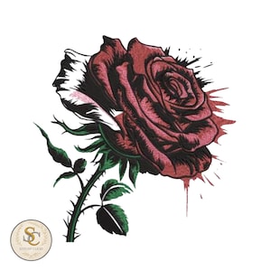 May include: Embroidered design of a red rose with green leaves and stem, and black ink splatter effect. The rose has detailed shading and texture, with a white background. The logo "Stitchy Clicks" is in the lower left corner.