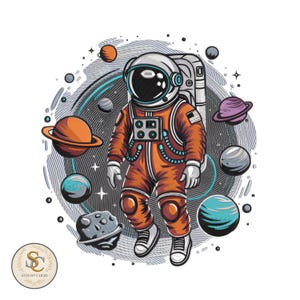 May include: An astronaut in an orange spacesuit floats in space, surrounded by planets and stars. The illustration has a retro style with a white background and a circular design. The astronaut is wearing a white helmet and gloves.