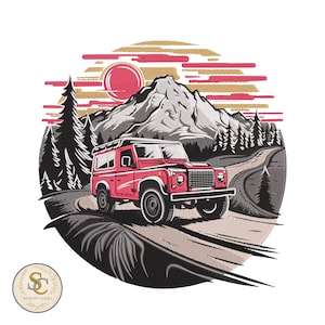 Könnte beinhalten: Gesticktes Design eines roten Geländewagens auf einer Bergstraße, mit roter Sonne und Bergkette im Hintergrund. Das Design wird von einem Kreis umrahmt und enthält das Logo "Stitchy Clicks".