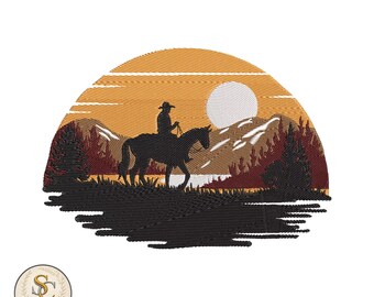 Peut inclure: Une broderie représentant un cow-boy à cheval au coucher du soleil. La silhouette noire du cavalier et du cheval se détache sur un fond de montagnes, d'arbres et d'un grand soleil. Le motif est contenu dans une forme semi-circulaire.