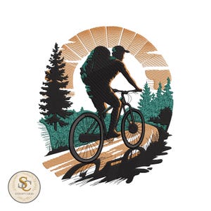 May include: An embroidered design of a cyclist on a mountain bike, silhouetted in black, with a backpack. The background features trees, a sun, and a path, in teal, orange, and brown. The design is set against a white backdrop. The image is circular.