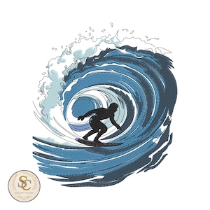 May include: A black silhouette of a surfer riding a wave. The wave is a swirling design in shades of blue, with a crest of white foam. The surfer is on a surfboard, angled to the left. The image has a nautical theme.