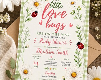 May include: A baby shower invitation with a daisy and ladybug theme. The invitation features the text "Two little love bugs" in pink script, with details for the event, including the date, time, and location. The design includes a green gingham border.