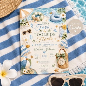 Puede incluir: Una invitación a un baby shower con temática de playa. La invitación presenta el texto "Tiny Toes & Poolside Floats" e incluye ilustraciones de artículos de playa como gafas de sol, un balón de playa y un flotador de pato. La invitación también incluye el nombre "Amanda Johnson".