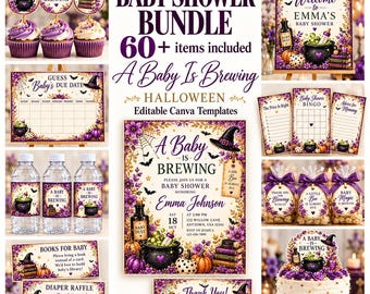 Paquete de plantillas para baby shower de Halloween: Se avecina un bebé, decoraciones para baby shower, invitación editable en Canva, juegos de baby shower de brujas, letreros y pancartas.