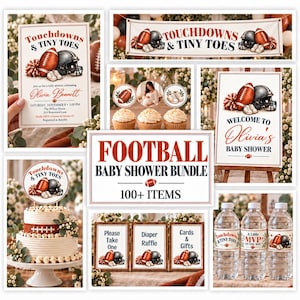 Puede incluir: Un conjunto de artículos para baby shower con temática de fútbol que incluye carteles, pancartas, adornos para pasteles y etiquetas para botellas. Los diseños muestran balones, cascos y el texto Touchdowns & Tiny Toes, Welcome to Olivia's Baby Shower y Football Baby Shower Bundle 100+ Items.