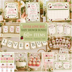 Love Bug Baby Shower Bundle Ladybug Baby Shower Decorations Editable Invitation Games Welcome Sign Printable Favor Tags Banner Green Gingham