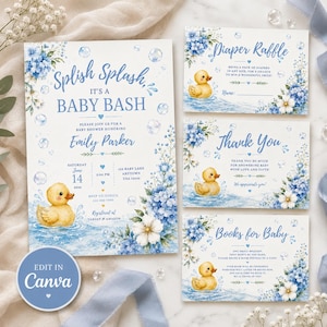 Könnte beinhalten: Ein Set aus Babyparty-Papeterie mit einer gelben Quietscheente, blauen Hortensien und Seifenblasen. Die Karten enthalten Text für eine Einladung, eine Windel-Tombola, Dankeskarten und Buchwünsche, inklusive eines Edit-in-Canva-Abzeichens.