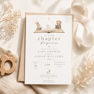 A New Chapter Begins Baby Shower Invitation, Storybook Baby Shower Invite, Neutral Baby Shower Invite, Editable Canva Template
