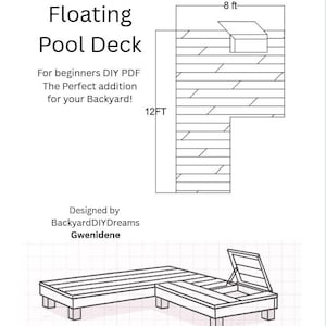 Op de afbeelding: Een diagram en illustratie van een drijvend pooldeck. Het diagram toont de afmetingen van het deck: 2,44 m bij 3,66 m. De illustratie toont een houten deck met een ingebouwd opbergvak. Tekst bevat "Floating Pool Deck" en "For beginners DIY PDF".