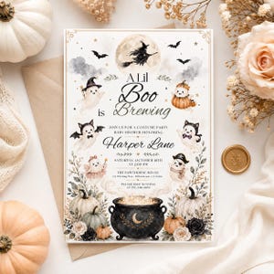 Little Boo Is Brewing Zaproszenie na Baby Shower Baby Is Brewing Zaproszenie na Halloween Costume Party Edytowalny szablon Canva Wiedźma Baby Shower