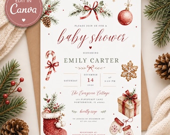 May include: A festive baby shower invitation with a winter holiday theme. The invitation features watercolor illustrations of a candy cane, Christmas ornament, gingerbread cookie, gift, and mittens. The text reads "baby shower" and "Emily Carter".