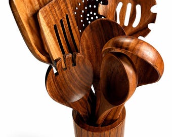 Teak Wood Kitchen Utensil Gift Set, 9 Piece Wooden Cooking Utensils with Holder + Bonus Rice Spoon