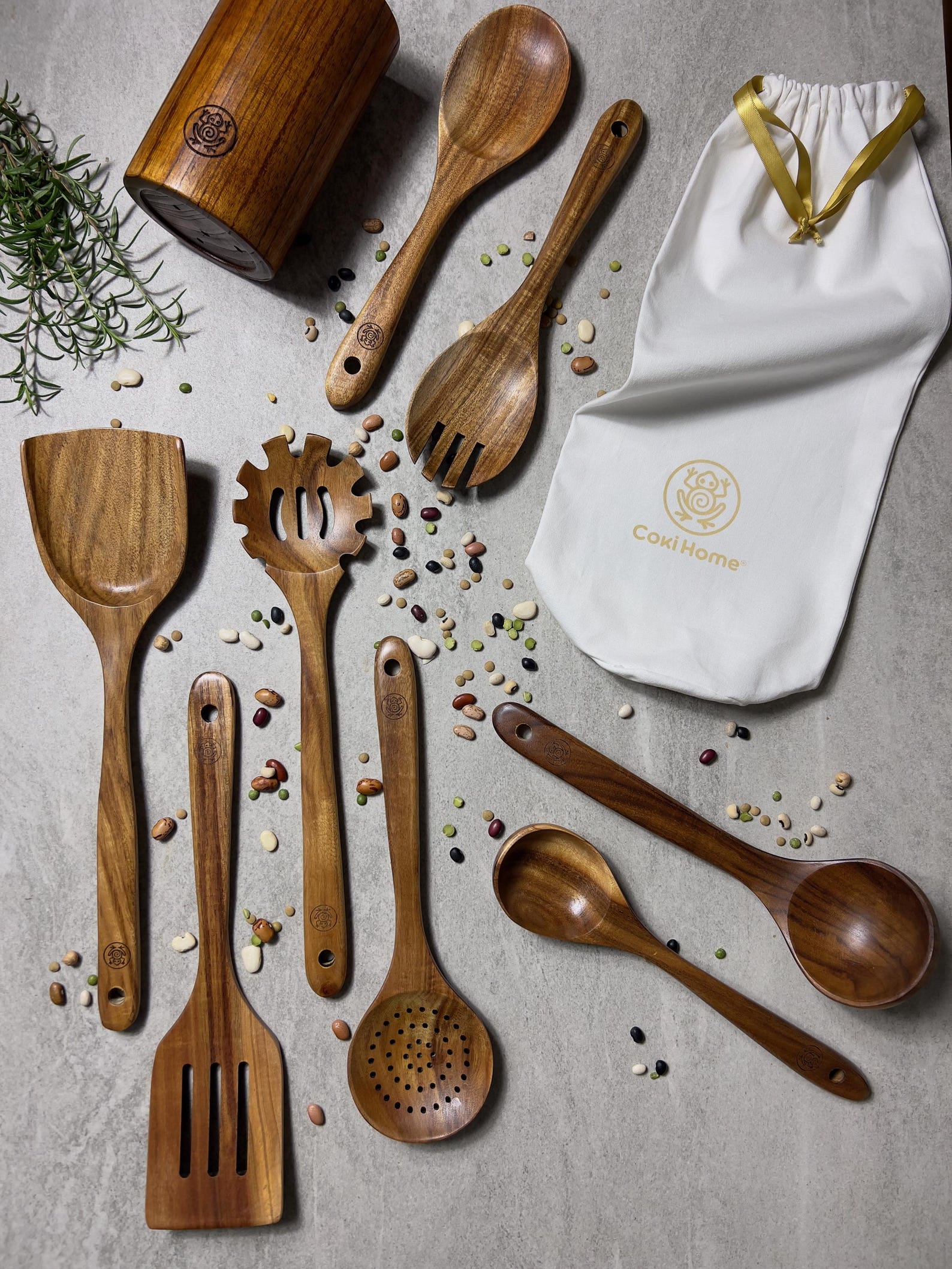 9-piece Teak Wood Utensils in Gift-ready Bag.