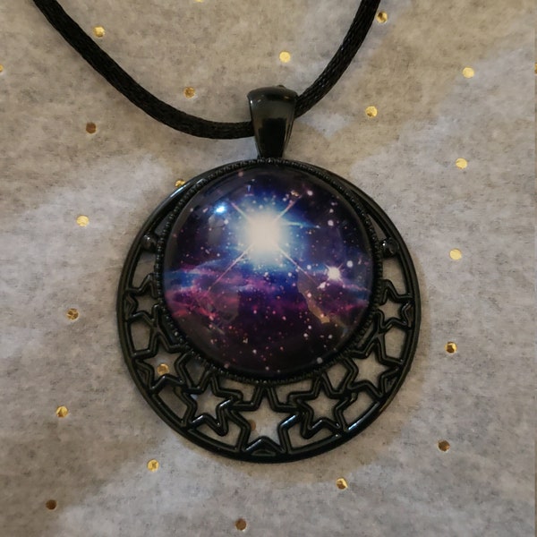 Deep space purple galaxy nebula moon & star pendant necklace