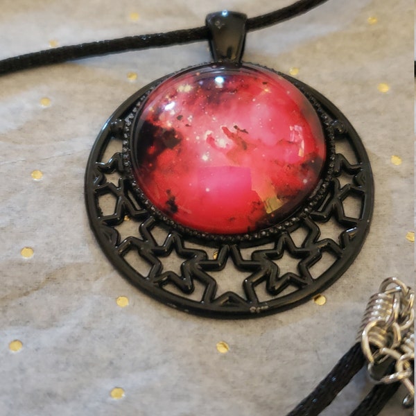 Pink red space nebula galaxy necklace on black moon and star pendant