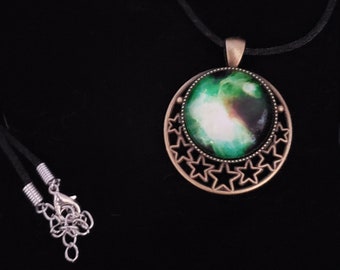 Green space nebula bronze moon and star pendant necklace