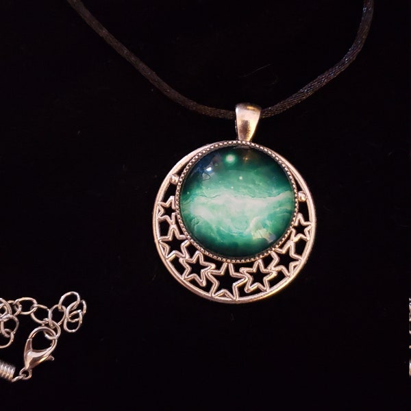 Green space nebula galaxy necklace on silver moon & star pendant