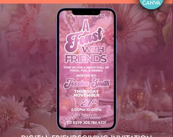 Plantilla de invitación para el Día de Acción de Gracias / Folleto editable para una cena de Acción de Gracias con amigos / Invitación para fiesta de otoño / Tema: Un festín con amigos