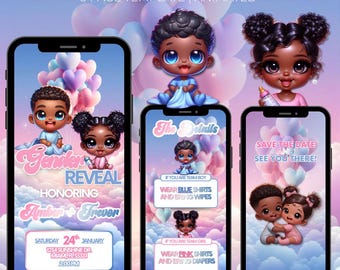 Invitación para revelar el género del bebé / Invitación animada digital / Plantilla móvil editable / Baby shower rosa y azul / Descarga instantánea