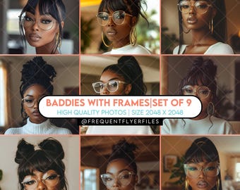 Mujeres con gafas / Conjunto de 9 fotos de stock de mujeres negras con estilo / Retratos estéticos / Moda con gafas / PNG de alta calidad
