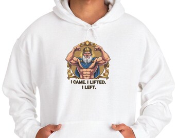 Sudadera con capucha "Vine, levanté, me fui" / Sudadera divertida con capucha de gimnasio con dios griego, funda para bombeo muscular, sudadera de culturismo, regalo para levantamiento de pesas para hombre