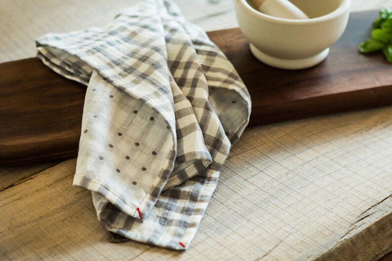 Gray and White Tea Towel With Checks and Dots Etsy