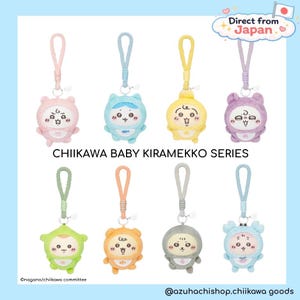 May include: Eight Chiikawa Baby Kiramekko Series plush keyrings in pastel colours. Each keyring features a different character with a matching strap. The text "Direct from Japan" is visible. The image is set against a light blue background.
