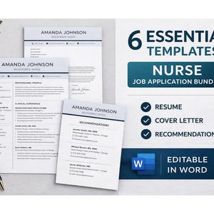 May include: A bundle of six essential nurse job application templates, including a resume, cover letter, and recommendations. The templates are editable in Word. The documents feature the name "Amanda Johnson" at the top.