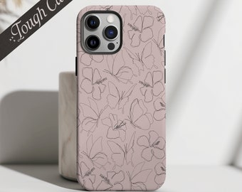 Butterflies and Hibiscus Flowers | Line Art | Floral | Nature | Tough Case | Apple iPhone | Samsung Galaxy | Google Pixel | Butterfly Case