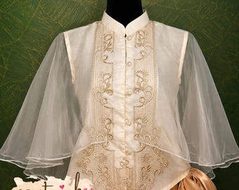 Cream Modern Filipiniana Blouse Embroidered Cape Barong