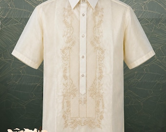 Cream Short Sleeve Barong Tagalog: Filipino Embroidered Venusha Half Open Formal Shirt for Special Occasion #38