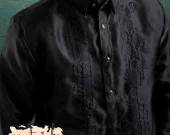All Black Barong Tagalog Full Open Button down Filipino Formal Shirt for Special Occasion #31