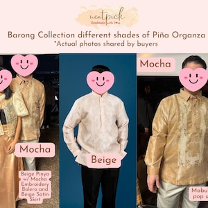 May include: A collection of Barong shirts and a bolero made of Pi&ntilde;a Organza fabric in mocha and beige shades. The garments feature intricate embroidery, long sleeves, and button-down fronts. Text includes Neatpick, Barong Collection different shades of Pi&ntilde;a Organza, Actual photos shared by buyers, Mocha, Beige, and Mabuhay Fest pop up event.