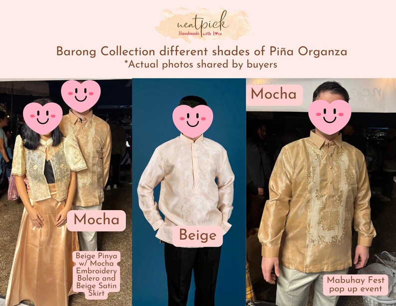 May include: A collection of Barong shirts and a bolero made of Pi&ntilde;a Organza fabric in mocha and beige shades. The garments feature intricate embroidery, long sleeves, and button-down fronts. Text includes Neatpick, Barong Collection different shades of Pi&ntilde;a Organza, Actual photos shared by buyers, Mocha, Beige, and Mabuhay Fest pop up event.