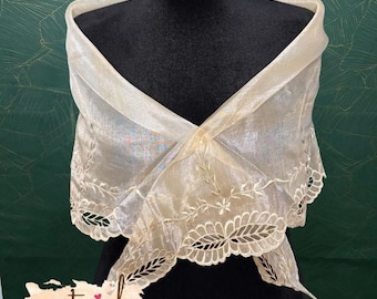 Beige Leaf Cut Work Embroidered Design Filipiniana Alampay Scarf Piña Organza