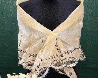 Beige Filipiniana Scarf Piña Organza with Black Leaf Cut Work Embroidered Design