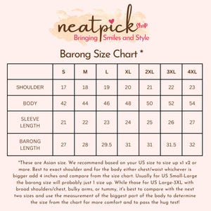 May include: A Barong shirt size chart, displaying measurements in inches for shoulder, body, sleeve length, and barong length, ranging from S to 4XL. The brand name "neatpick shop" is at the top.
