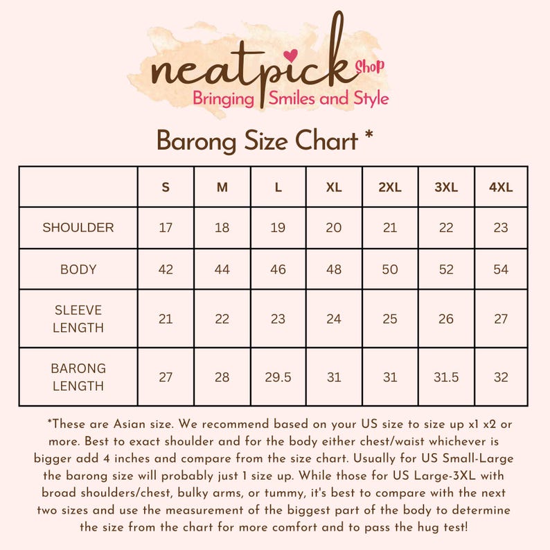 May include: A Barong shirt size chart, displaying measurements in inches for shoulder, body, sleeve length, and barong length, ranging from S to 4XL. The brand name "neatpick shop" is at the top.
