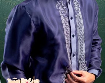 Neatpick Midnight Blue Barong Tagalog: Filipino Piña Organza Formal Shirt for Special Occasion #23