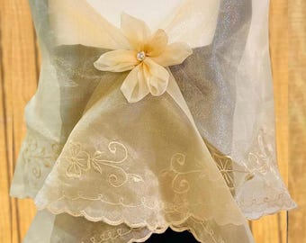 Embroidered Filipiniana Alampay Scarf with Handmade Brooch Beige Piña Organza