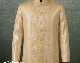Gold Piña Organza Coat Barong Filipino Formal Wear with Satin Lining for Special Occasion